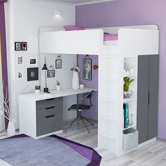 Детская кровать с письменным столом и шкафом POLINI Kids Simple Белый / Серый в Артемовском - изображение 3