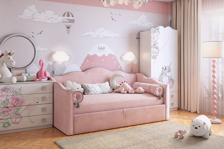 Детская кровать с подъемным механизмом Лея (Софа) 90х200 (нежно-розовый (велюр)/галька (велюр)) в Екатеринбурге - изображение 5