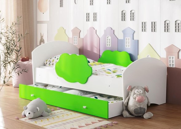 Детская кровать с бортиками Тучка с ящиком, корпус Белый, фасад Лайм в Екатеринбурге - изображение
