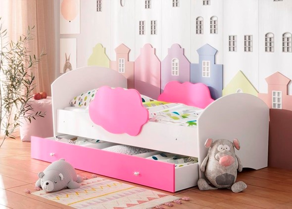 Кровать с бортиками Тучка с ящиком, корпус Белый, фасад Розовый в Ревде - изображение