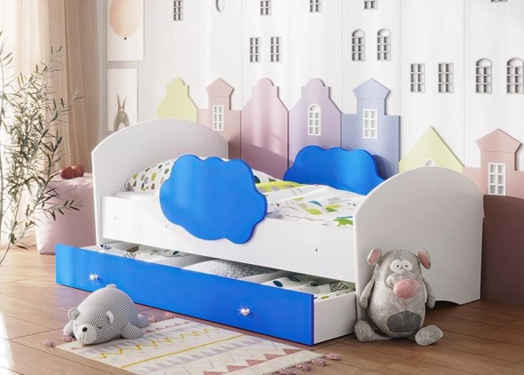 Детская кровать Тучка с ящиком, корпус Белый, фасад Синий в Екатеринбурге - изображение