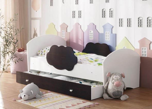 Детская кровать с бортиками Тучка с ящиком, корпус Белый, фасад Венге в Первоуральске - изображение