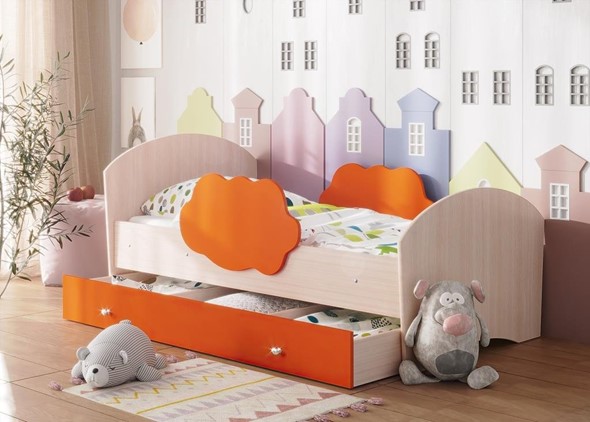 Детская кровать Тучка с ящиком, корпус Дуб млечный, фасад Оранжевый в Екатеринбурге - изображение