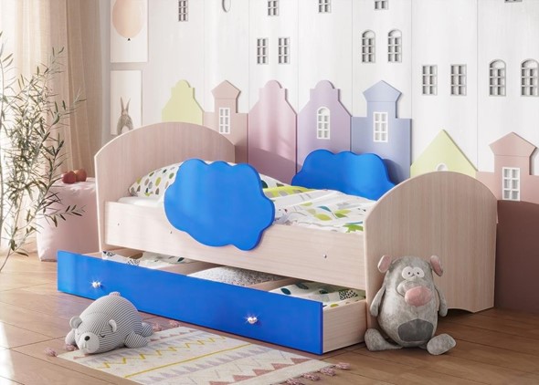 Детская кровать Тучка с ящиком, корпус Дуб млечный, фасад Синий в Екатеринбурге - изображение