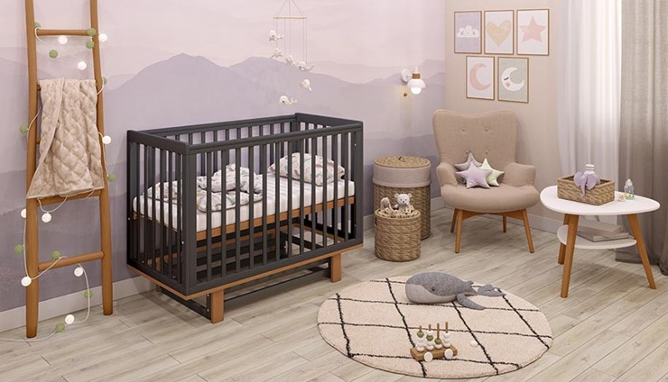 Кровать для новорожденных серия 3400 POLINI Kids Simple 340 с маятником Графит/Дуб каменный в Ревде - изображение 1