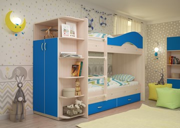 Детская 2-ярусная кровать Мая на щитах со шкафом и ящиками, корпус Млечный дуб, фасад Синий в Каменске-Уральском