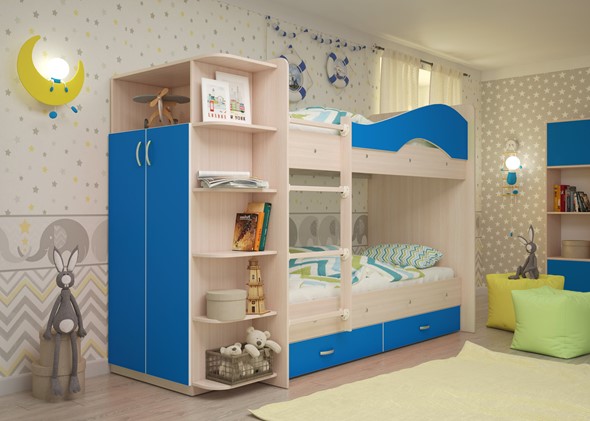 Детская 2-ярусная кровать Мая на щитах со шкафом и ящиками, корпус Млечный дуб, фасад Синий в Ревде - изображение