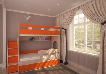 Двухэтажная кровать Юниор-1 с бортом, каркас Дуб, фасад Оранжевый в Артемовском