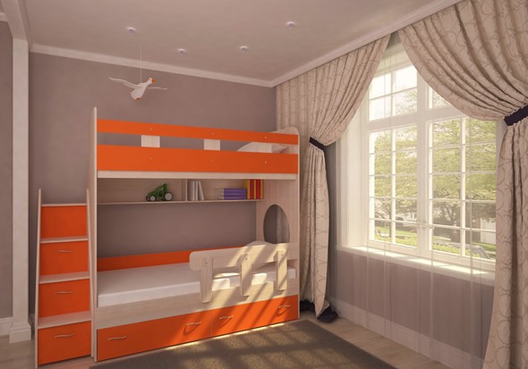 Двухэтажная кровать Юниор-1 с бортом, каркас Дуб, фасад Оранжевый в Первоуральске - изображение