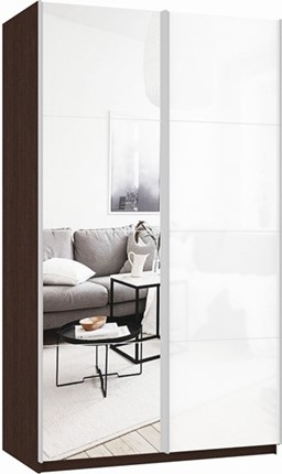 Шкаф-купе двухдверный Прайм (Зеркало/Белое стекло) 1400x570x2300, венге в Ревде - изображение