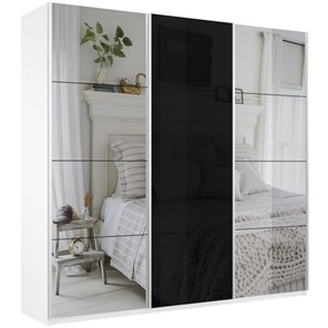 Шкаф 3-х дверный Широкий Прайм (2 Зеркала / Стекло черное) 2400x570x2300, Белый Снег в Каменске-Уральском