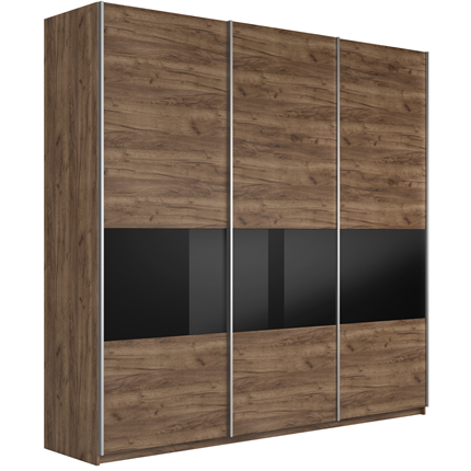 Шкаф трехдверный Широкий Прайм (ДСП / Черное стекло) 2400x570x2300, Крафт Табачный в Полевском - изображение