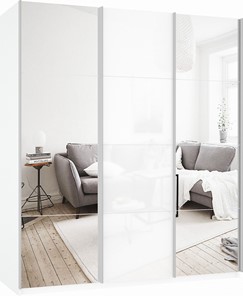 Шкаф трехстворчатый Прайм (Зеркало/Белое стекло/Зеркало) 1800x570x2300, белый снег в Первоуральске