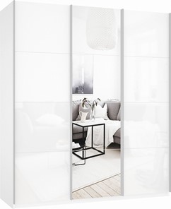 Шкаф-купе трехдверный Прайм (Белое стекло/Зеркало/Белое стекло) 2100x570x2300, белый снег в Первоуральске
