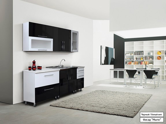Гарнитур на кухню Мыло 224 2000х718, цвет Черный/Белый металлик в Ирбите - изображение
