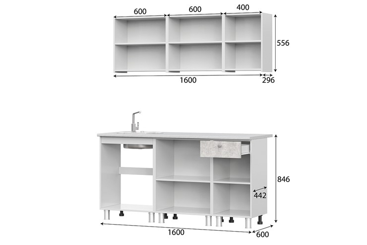 Готовый кухонный гарнитур КГ-1 1600, белый/белый/цемент светлый/антарес в Асбесте - изображение 2
