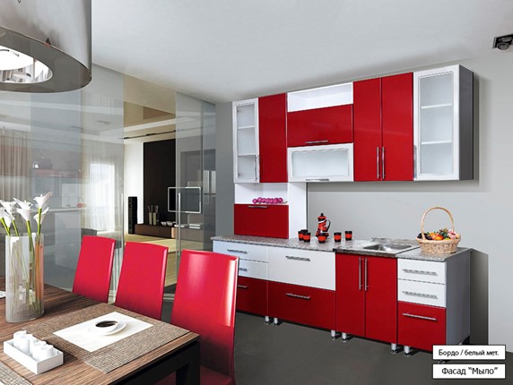 Гарнитур на кухню Мыло 224 2600, цвет Бордо/Белый металлик в Кушве - изображение