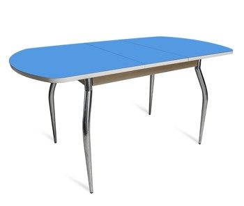 Кухонный стол раздвижной ПГ-07 СТ2, дуб молочный/синие стекло/35 хром гнутые металл в Полевском