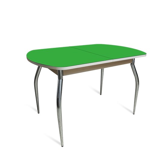 Кухонный стол раздвижной ПГ-02 СТ2, дуб молочный/зеленое стекло/35 хром гнутые металл в Ревде - изображение 1