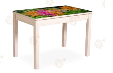 Кухонный стол раскладной Айсберг-02 СТФ, Дуб ЛДСП/полевые цветы/ноги масссив в Ревде