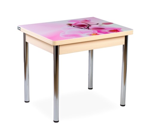 Кухонный пристенный стол СПА-01 СТФ, молочный дуб/фотопечать орхидея/опоры прямые хром в Ревде - изображение
