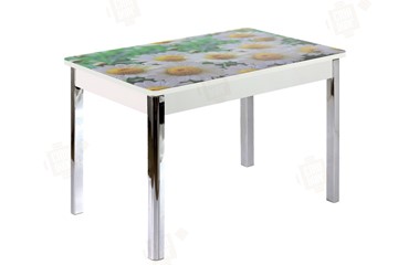 Кухонный стол раскладной Айсберг-01 СТФ, дуб/фотопечать ромашки/ноги хром квадратные в Кушве