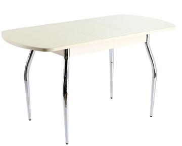 Кухонный стол раздвижной ПГ-01 СТ1, дуб молочный/белое стекло/35 хром гнутые в Ревде