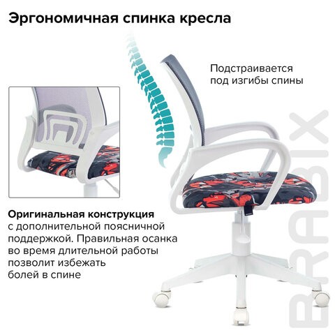 Кресло Brabix Fly MG-396W (с подлокотниками, пластик белый, сетка, серое с рисунком "Graffity") 532404 в Екатеринбурге - изображение 7