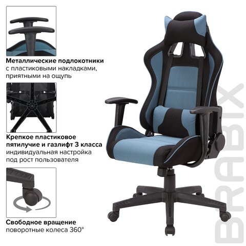 Компьютерное кресло Brabix GT Racer GM-100 (две подушки, ткань, черное/голубое) 531818 в Красноуфимске - изображение 9