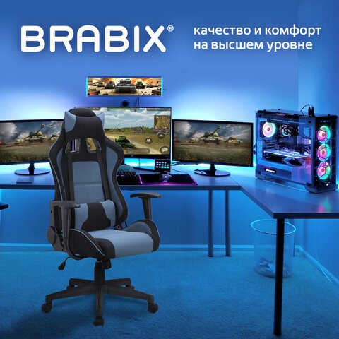 Компьютерное кресло Brabix GT Racer GM-100 (две подушки, ткань, черное/голубое) 531818 в Красноуфимске - изображение 7