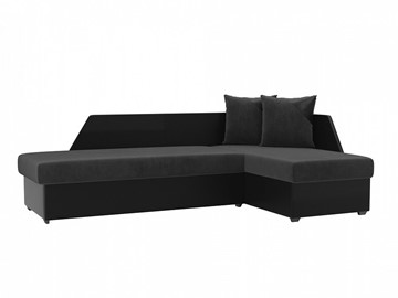 Угловой диван с оттоманкой Андора, Серый/Черный (велюр/экокожа) в Кушве