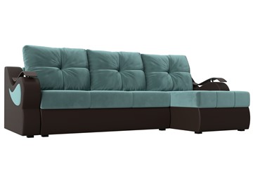 Угловой диван с оттоманкой Меркурий, Бирюзовый/Коричневый (велюр/экокожа) в Первоуральске