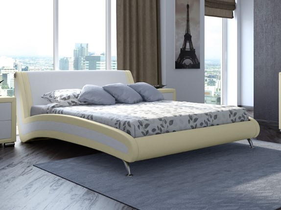 Кровать в спальню Corso-2 160х200, Экокожа (Кремовый с белым) в Екатеринбурге - изображение