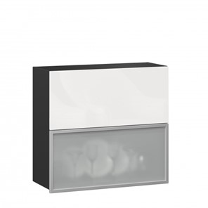 Навесной кухонный шкаф 800 горизонтальный, Шервуд, ЛД 281.981.000.088, со стеклом, черный/белый глянец в Кушве