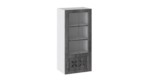 Кухонный навесной шкаф Прованс (Белый глянец/Санторини темный) cо стеклом правый В_96-45_1ДРДс(R) в Ревде - изображение