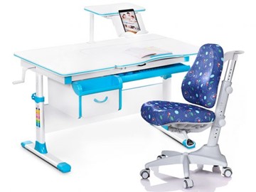 Комплект растущая парта + стул Mealux Mealux EVO Evo-40 BL (арт. Evo-40 BL + Y-528 F) / (стол+полка+кресло) / белая столешница / цвет пластика голубой в Первоуральске