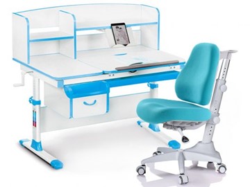 Комплект растущая парта + стул Mealux-EVO Evo-50 BL (арт. Evo-50 BL + Y-528 KBL) / (стол+полка+кресло) / белая столешница / цвет пластика голубой в Ревде