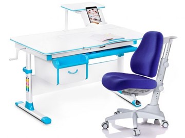 Комплект растущая парта + стул Mealux EVO Evo-40 BL (арт. Evo-40 BL + Y-528 SB) / (стол+полка+кресло) / белая столешница / цвет пластика голубой в Асбесте